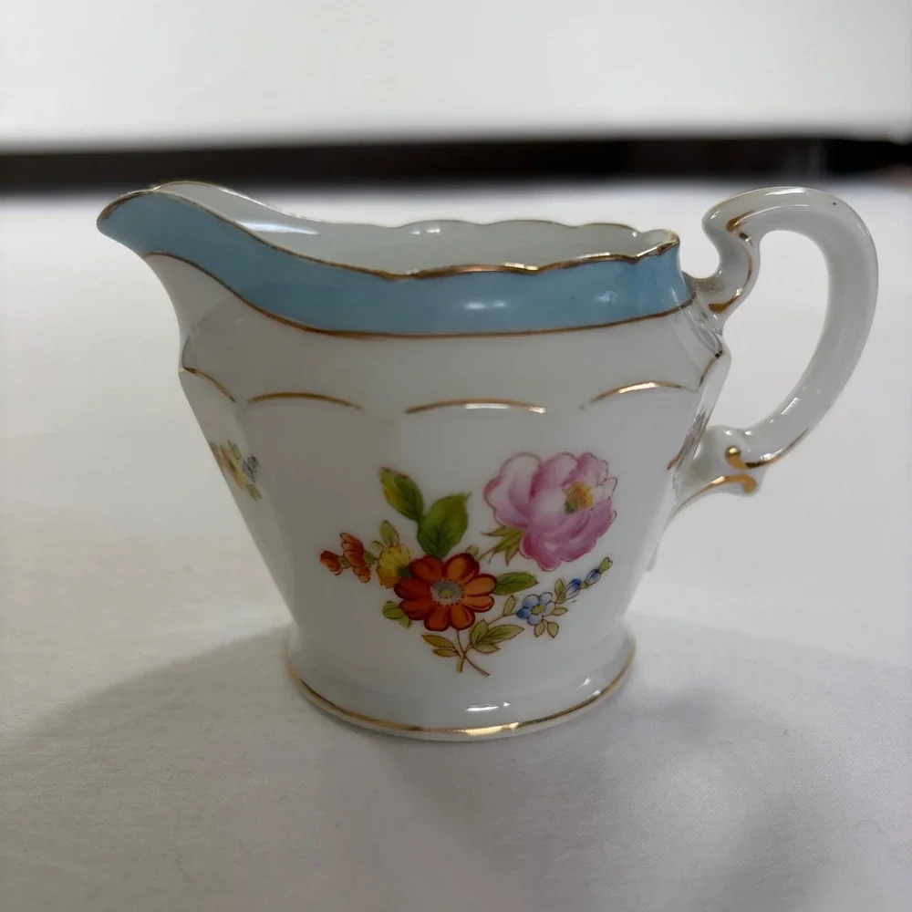Vintage Noritake China Hand Painted Floral Creamer Sugar Egg Cup Set Blue Gold